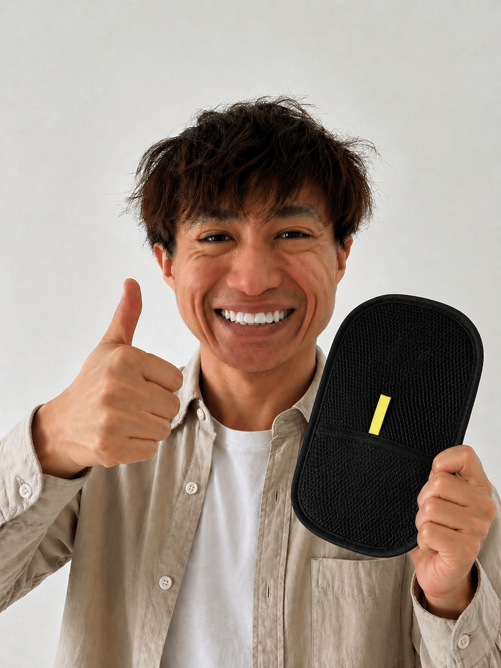 Man holding a black pouch with a yellow tag and giving a thumbs-up gesture against a plain background
